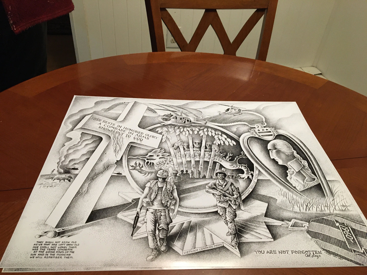 Edward Amodeo is selling prints of original stipple artwork featuring references to the war in Vietnam.